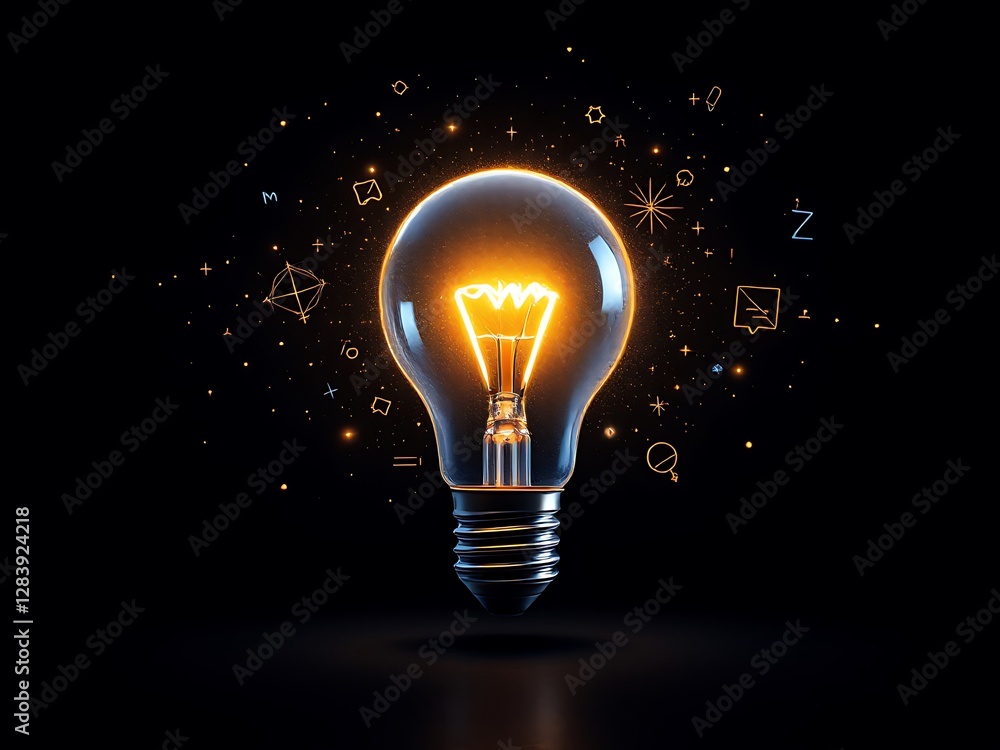Poster light bulb idea sparking creative innovation with glowing particle effects on dark background
