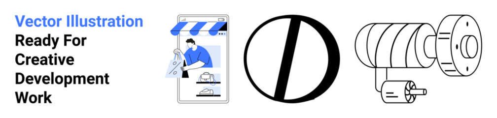 Online storefront with design tools, drafting compass symbolizing precision, and mechanical component concepts. Ideal for technology, engineering, creativity, business, e-commerce, drafting flat