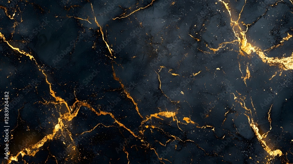 Aufkleber Luxurious Cracked Marble Texture with Golden Veins Abstract Background  Elegant dark stone material with fiery glowing fractal pattern and shattered concrete effect