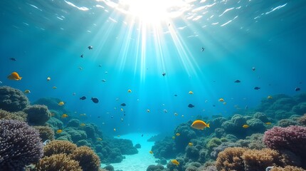 clear underwater scene showcasing a coral reef teeming with colorful fish and marine life. Sunlight filters through the water