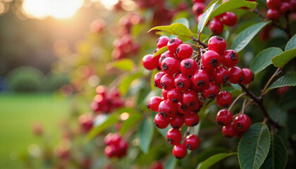 Close-up of a cluster of red berries on a branch in natural light