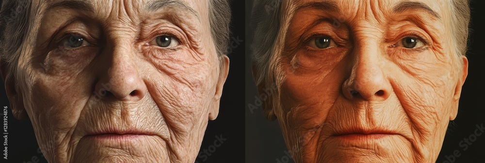 Poster transformation of a face from aged to youthful appearance highlighting skin changes over time. gener