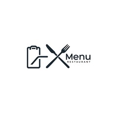 Menu Restaurant Logo Featuring Fork Knife and Document Clipboard Minimalist Aesthetic Design
