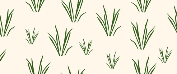 Vector illustration. Seamless pattern of green grass on a light background. Spring concept. Perfect for your design, gift wrap or home wallpaper.