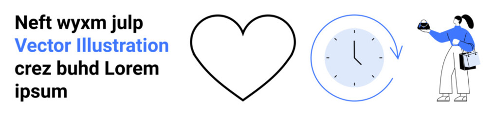 Woman holding a parcel with love and time symbols highlighting fast and compassionate delivery. Ideal for logistics, customer service, eCommerce, shipping, reliability, trust, flat landing page