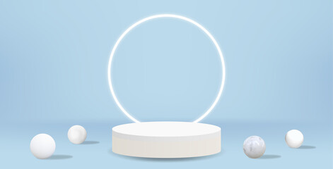 Realistic 3D white pedestal podium with a clean circle with a blue background. Silver minimal scene mockup products showcase promotion display.