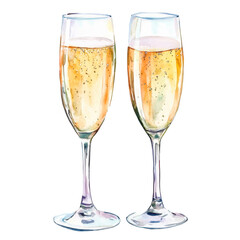 Watercolor illustration of a champagne glass with a festive drink and a decorative bow on a white background. Elegant and artistic, perfect for menus, invitations, packaging, and editorial use