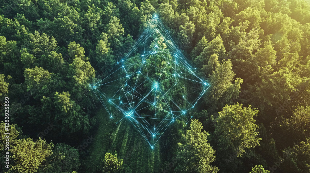 Poster a futuristic digital network with glowing blue connections hovering over a dense forest symbolizing 