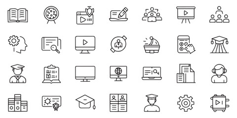 Education & E-Learning Icons Set – Webinar, Online Learning, Seminar – Editable Stroke Vector