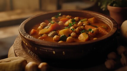 Aromatic Vegetable Stew in a Rustic Wooden Bowl - A Hearty and Flavorful Dish