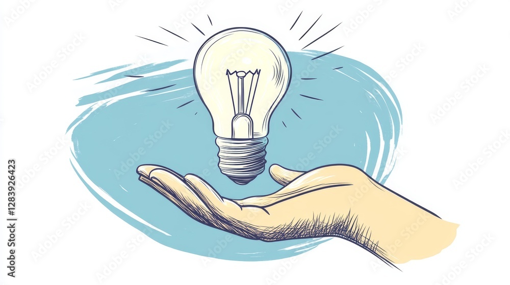 Aufkleber vector drawing of a hand holding a lightbulb. the thin line icon represents an idea or inspiration. 