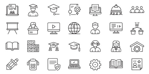 Education & E-Learning Icons Set – Webinar, Online Learning, Seminar – Editable Stroke Vector
