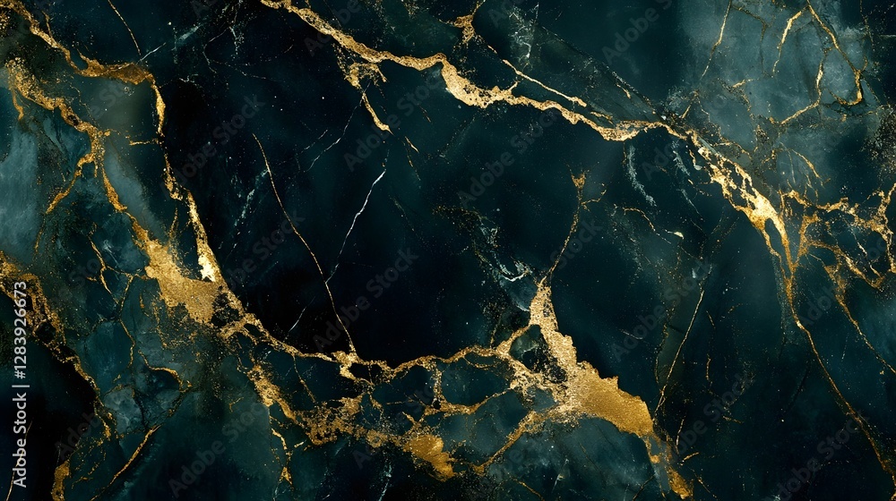 Aufkleber luxurious dark green and black marble texture with dramatic golden cracks and veins creating an abst