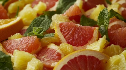 A vibrant display of sliced citrus fruits and fresh mint leaves. A healthy and delicious fruit salad.