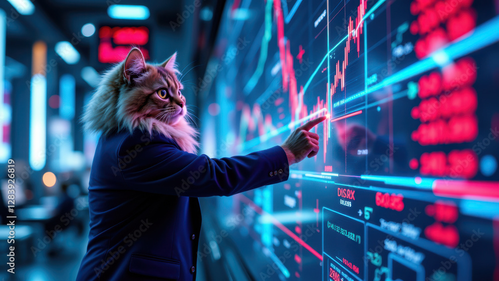 Poster cat wearing a suit working on a large financial dashboard with numerous monitors displaying charts a