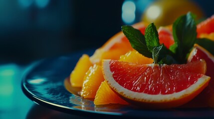 Close-up of Freshly Sliced Citrus Fruits with Mint