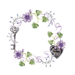 vintage floral frame with a heart-shaped lock and an antique key