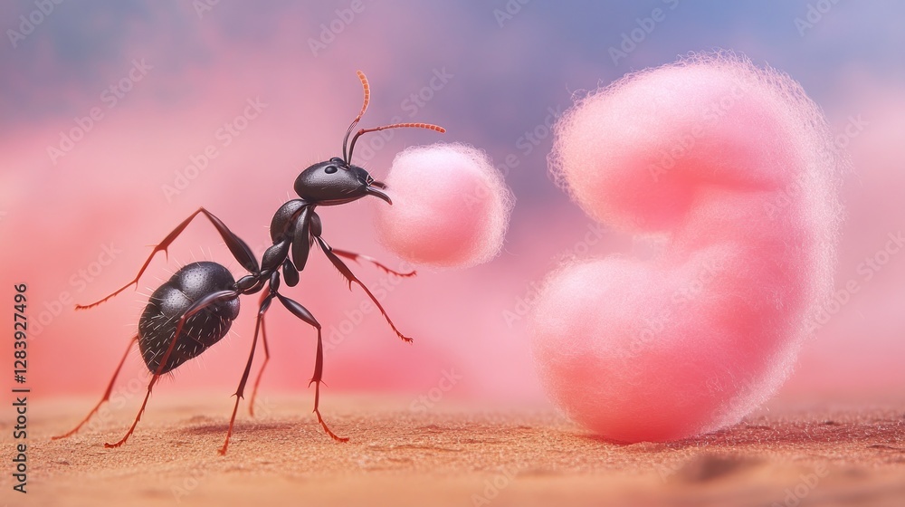 Poster an ant interacting with a fluffy pink object in a whimsical setting.
