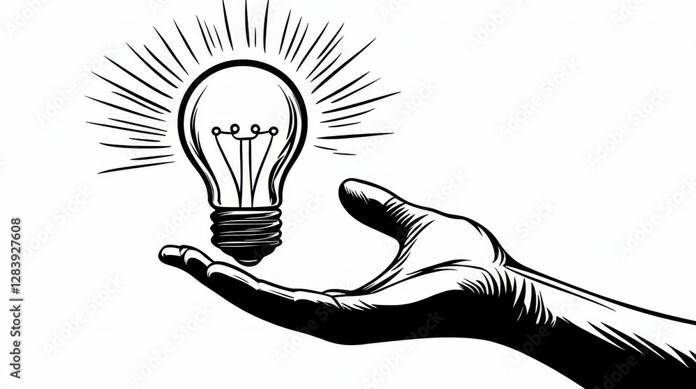 Aufkleber vector drawing of a hand holding a lightbulb. the thin line icon represents an idea or inspiration. 