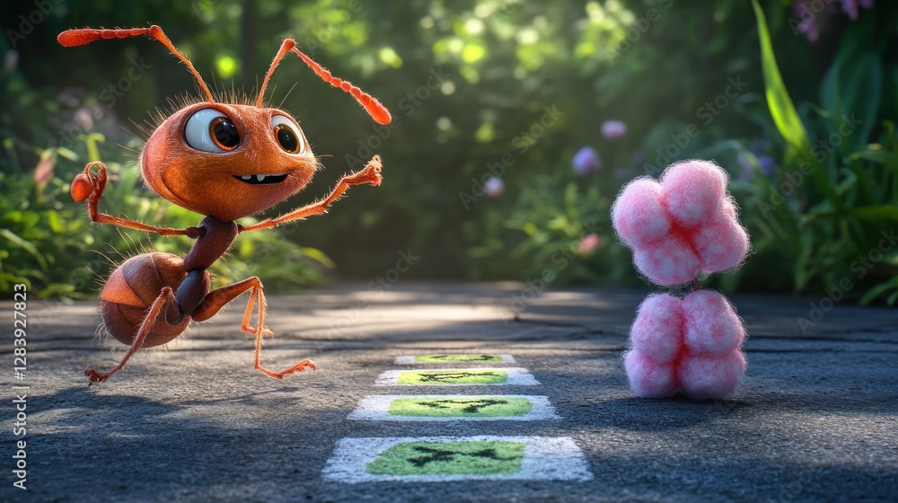 Poster a cheerful animated ant interacts with a fluffy pink object on a path in a vibrant environment.
