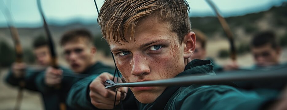 Teen archer aims, focused, outdoors, group practice,  historical movie scene