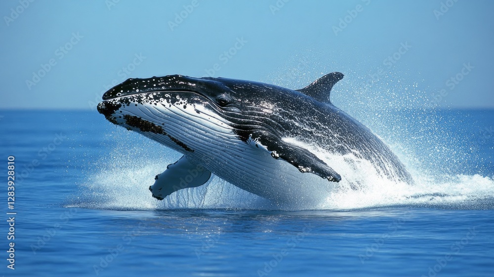 Poster a magnificent blue fin whale emerges from the shimmering water under clear skies, splashing droplets