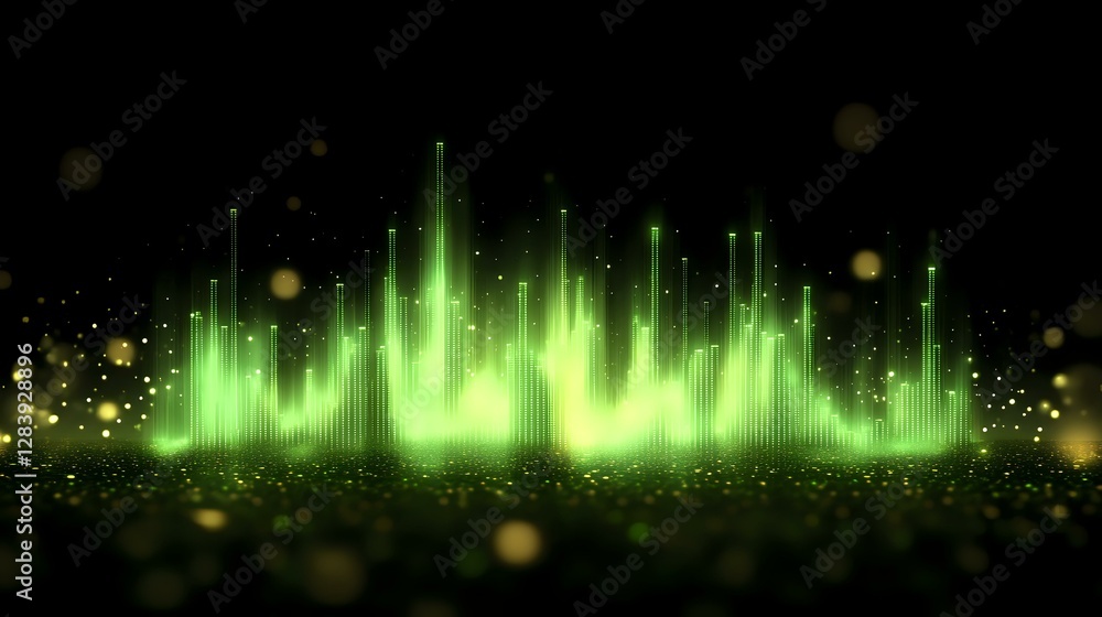 Poster glowing green sound waves with sparkles and light effects on dark background, audio visualization sp