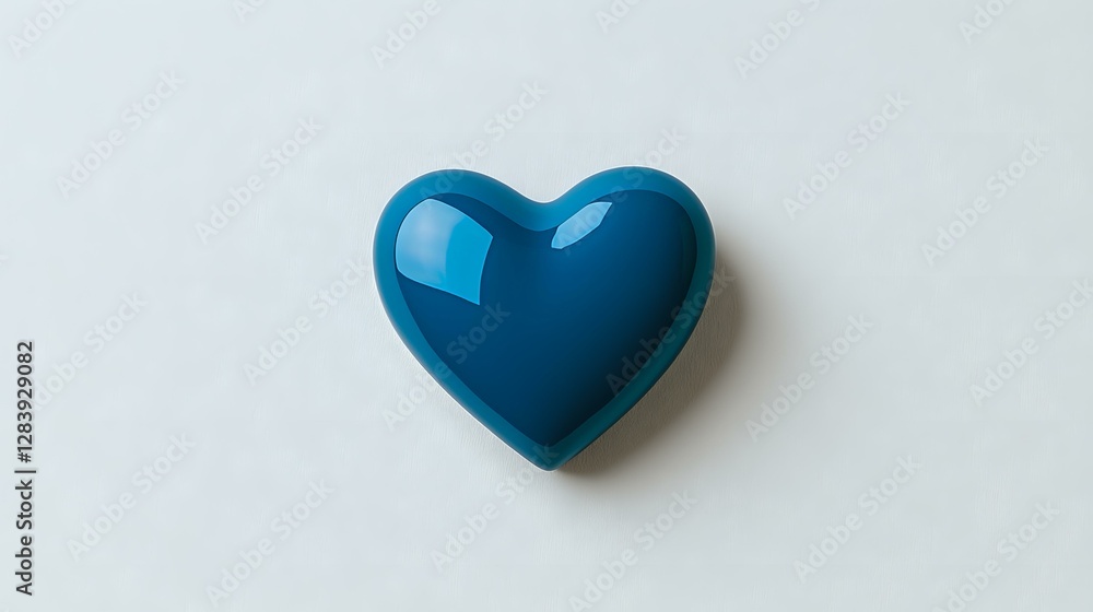 Poster glossy blue heart shape on white background with soft shadow, minimal romantic design element for va