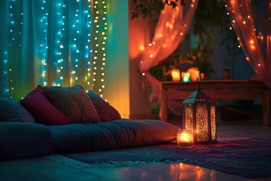 Cozy Night Setup with Warm Lights and Comfortable Pillows - Powered by Adobe