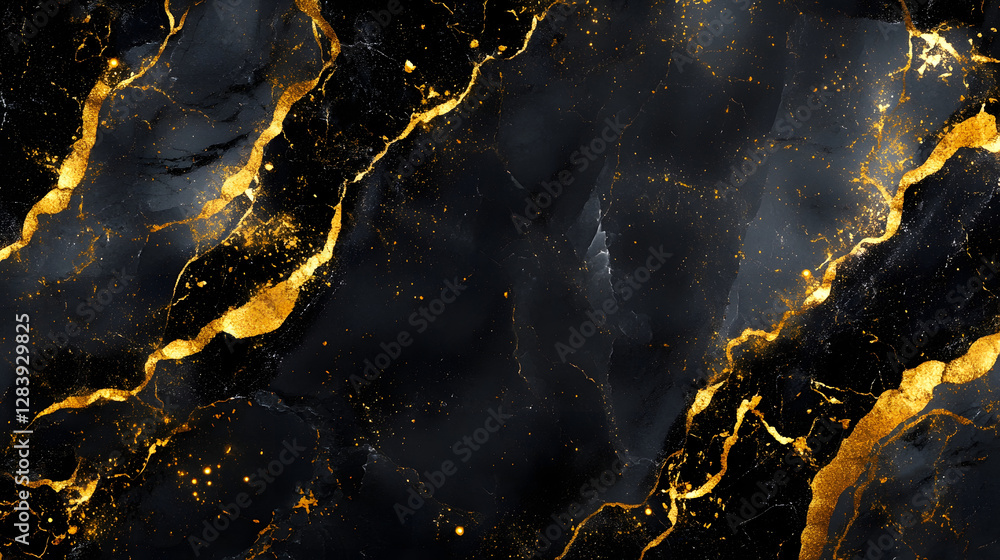 Poster luxurious dark marble textured abstract background with vibrant golden cracked lines elegant glamoro