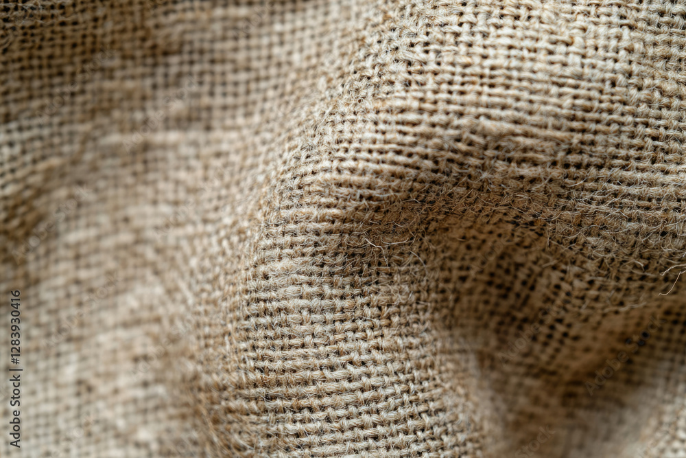 Poster close-up view of textured burlap fabric, showcasing its coarse weave and natural fibers.