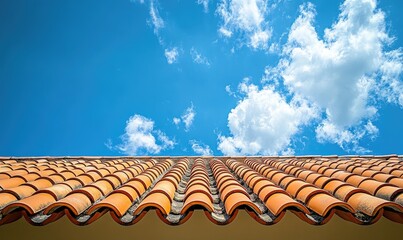 Terracotta roof under sunny sky; cloudscape background; real estate