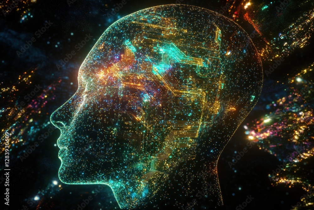 Poster Silhouette of a human head with glowing quantum computing circuits symbolizes advanced technology and cognition. Generative AI