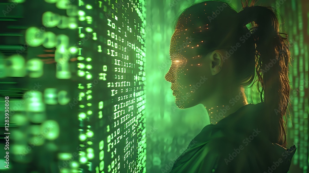 Aufkleber young female programmer silhouetted against green digital matrix code background, side profile with 