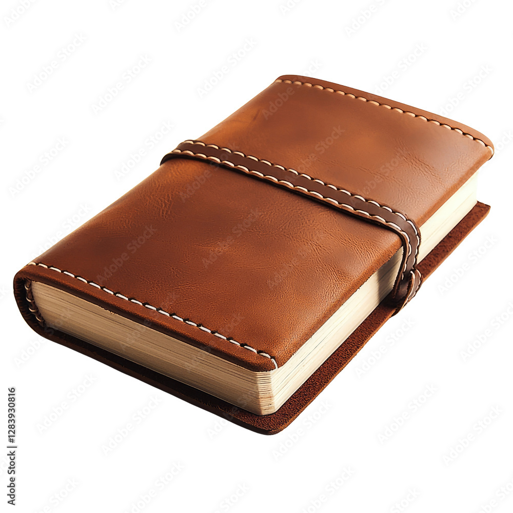 Poster brown leather bound notebook with stitching detail placed on a white background for elegant statione