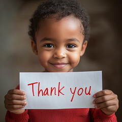 Close-up of a sheet with the inscription &lsquo;Thank you&rsquo;. Blurred background of the smiling African American child holding the sheet.