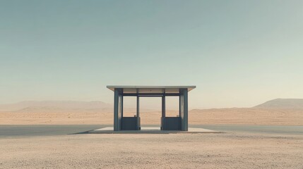 A toll booth surrounded by barren desert landscape. Featuring no cars and bright sunlight