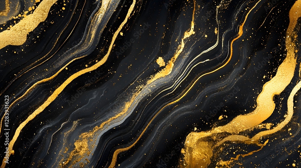 Aufkleber luxurious golden and black marble abstract texture with swirling fluid patterns and glittering accen