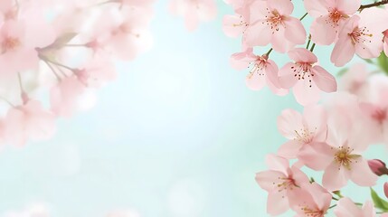 Fototapeta premium Delicate Cherry Blossom Petals Against Soft Blue Background in Springtime Nature Scene
