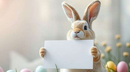 Fototapeta premium Easter rabbit holding a blank banner.