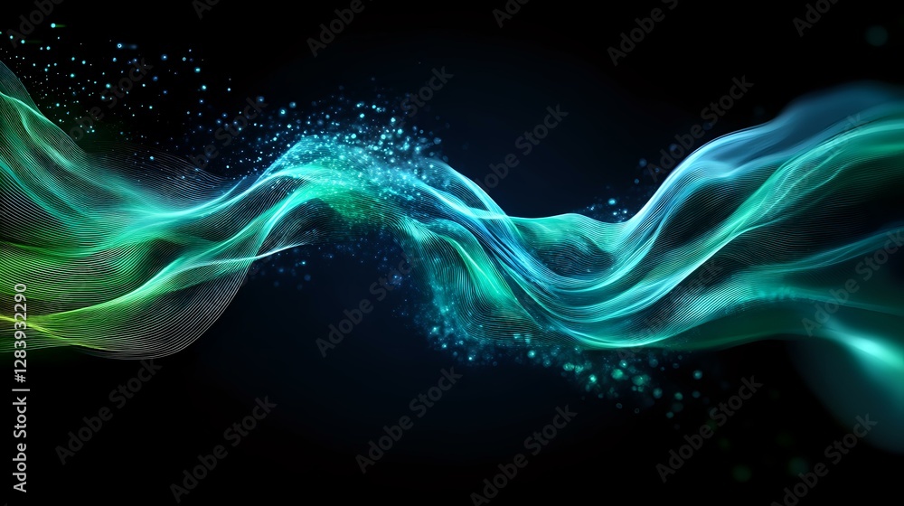 Poster flowing turquoise and green light waves with glowing particles create dynamic motion effect against 