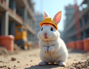 A rabbit wearing a hard hat on a construction site.