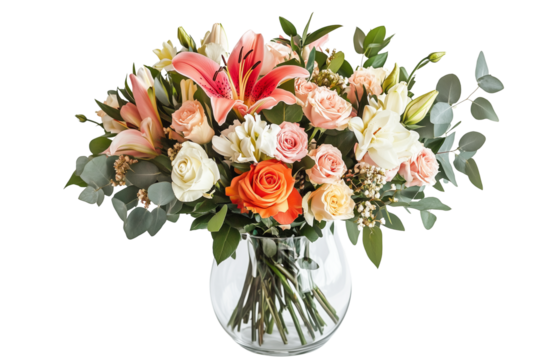 a vibrant bouquet of mixed flowers isolated on a transparent background