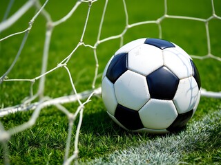 Fototapeta premium Soccer Ball Resting in Goal Net on Green Grass Field Ready for Game Kicking Off