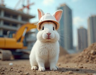 A rabbit wearing a hard hat on a construction site. Easter Rabbit at construction site