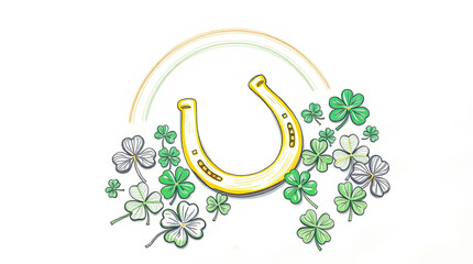 Fototapeta premium St. Patrick's day colorful illustration with traditional festive elements. Horseshoe, rainbow and clover leaves. 