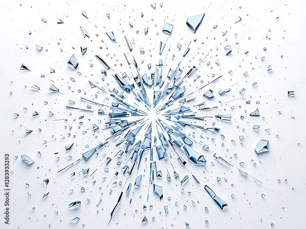 Poster shattered glass explosion creating abstract patterns on a white background reflecting light everywhe