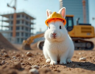 A rabbit wearing a hard hat on a construction site. Easter Rabbit at construction site