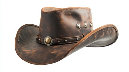 Vintage brown leather cowboy hat with decorative studs and metal accent