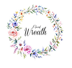 Watercolor Floral Wreath, Wreath Clipart Watercolor, Pastel Pink Flowers Wedding Clipart Wild Floral Clipart	